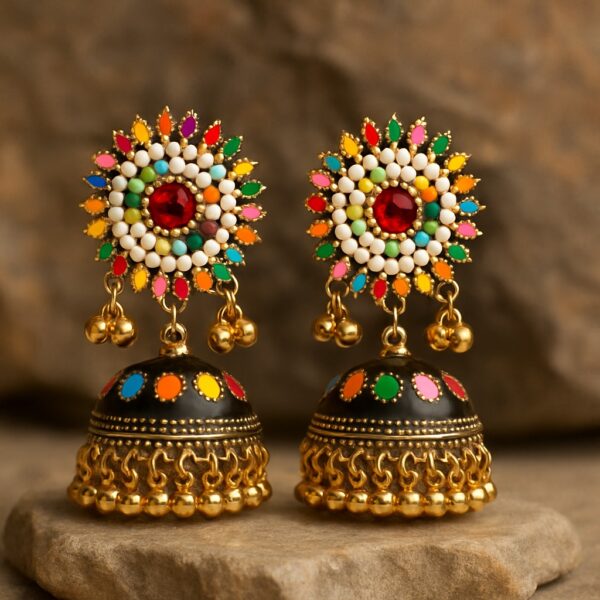Vibrant Traditional Jhumka Earrings with Multicolor Enamel and Beaded Detailing